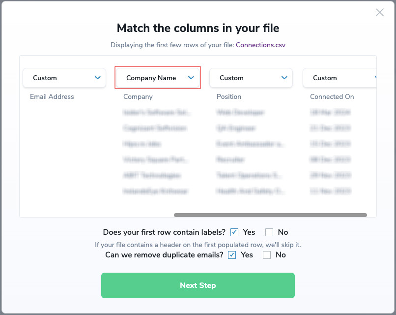 "Match the columns in your file" menu with the "Company Name" field highlighted.