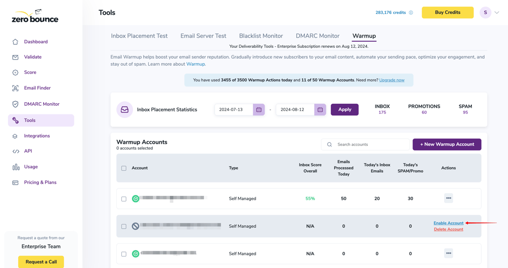 Panel de preparación de ZeroBounce que muestra el botón 'Enable Account'