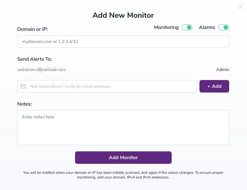Add New Monitor window where set input the domain or IP and contact list for the monitor