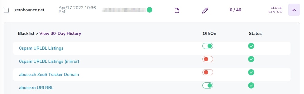 A Blacklist Monitor with its stats expanded showing the detailed report