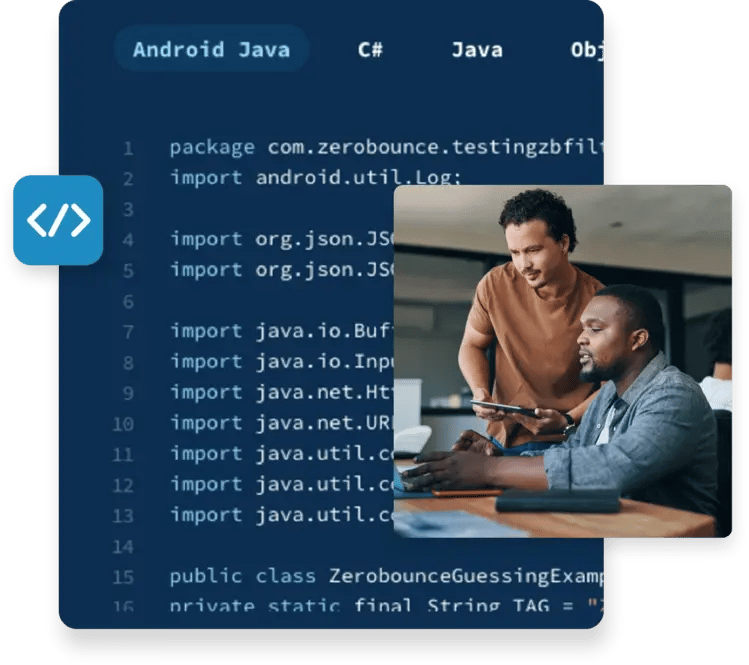 Two business partners automating ZeroBounce email service APIs alongside a ZeroBounce API code sample