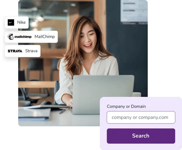 Mujer trabajando y utilizando el ,[object Object], para ubicar patrones de correo electrónico correspondientes a dominios populares de la empresa