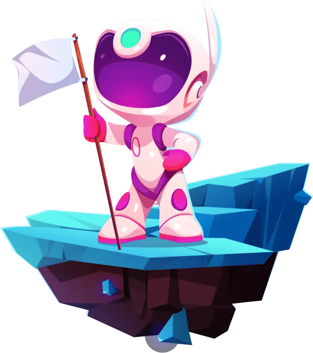 Astronaut wearing a white, pink, and purple suit holds a white flag atop a blue platform