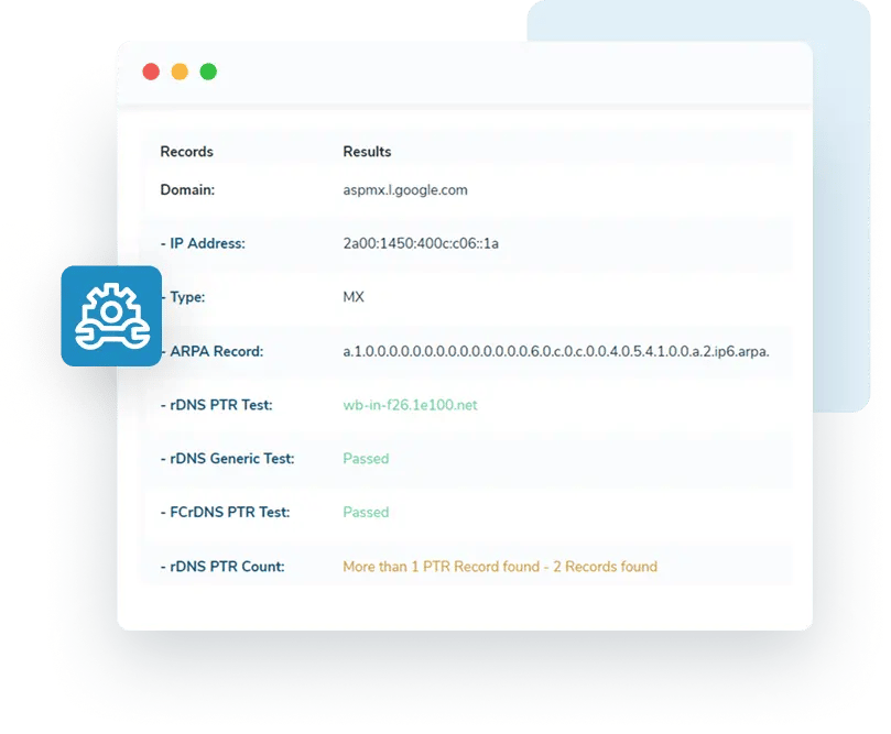 A detailed email domain status report that shows the IP address, type, ARPA, rDNS PTR test, rDNS generic test, FCrDNS PTR test, and rDNS PTR count.