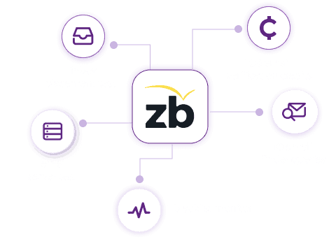 The ZeroBounce logo with free monthly benefits, including 100 credits, 1 inbox placement test, 1 email server test, 1 blacklist monitor, and 10 email finder queries.