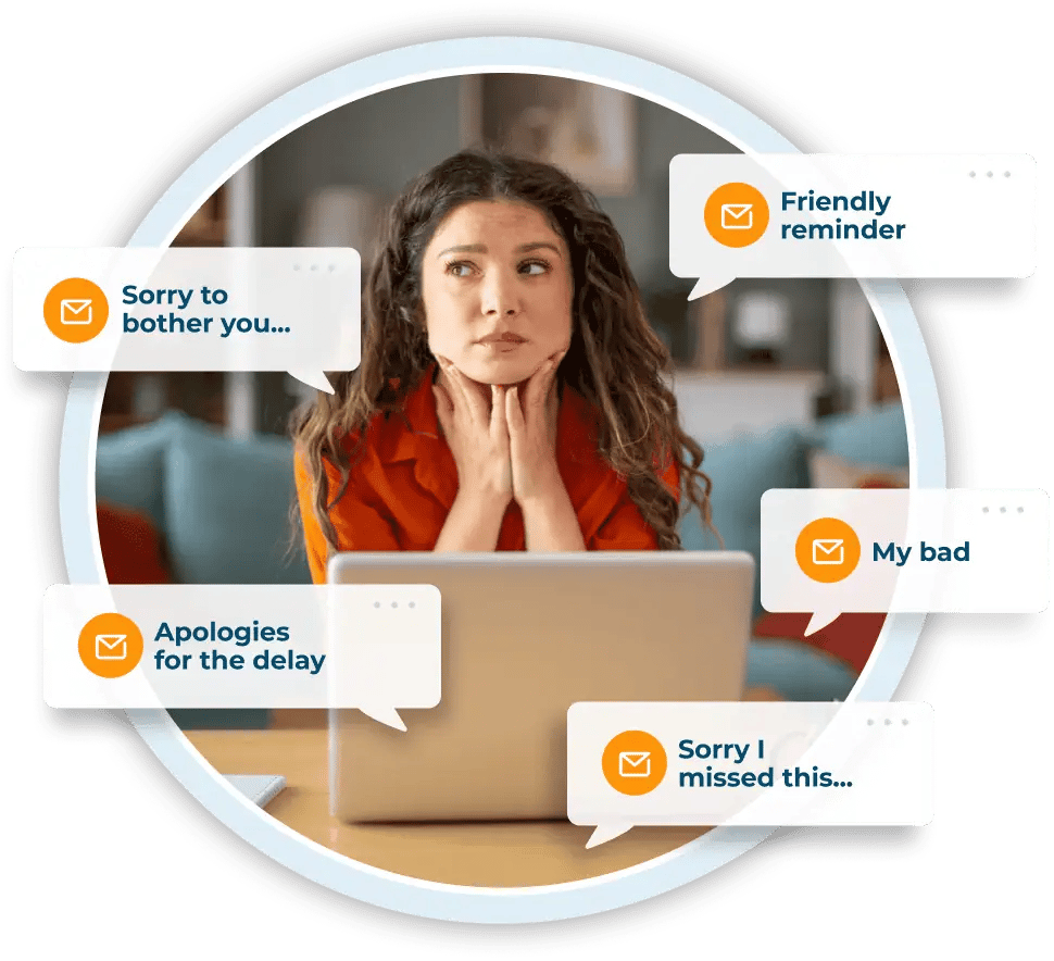 Stressed woman at laptop with message notifications about reminders and apologies
