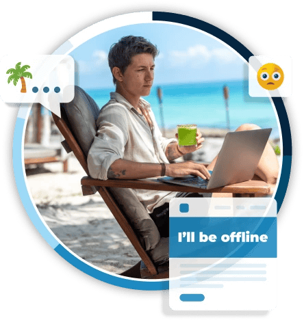 Young man sitting on lounge chair at the beach checking work email in front of laptop with ocean view in the background