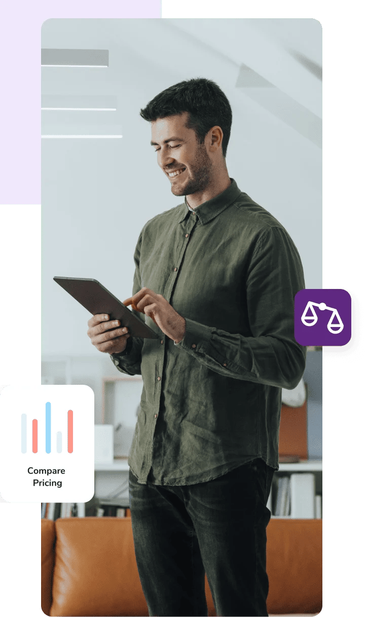 A man in a green shirt and jeans works on his tablet to compare pricing and features.