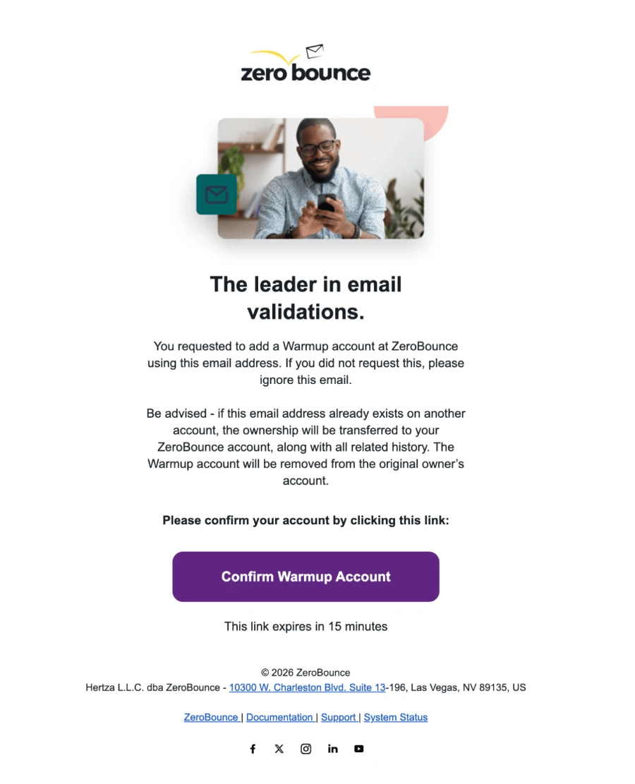 Screenshot: ZeroBounce confirmation email with Confirm Warmup Account button