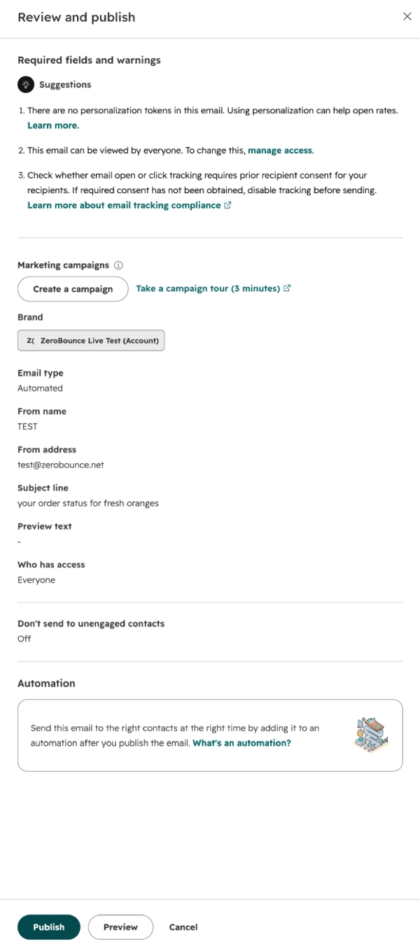 Screenshot: HubSpot "Review and publish" dialog