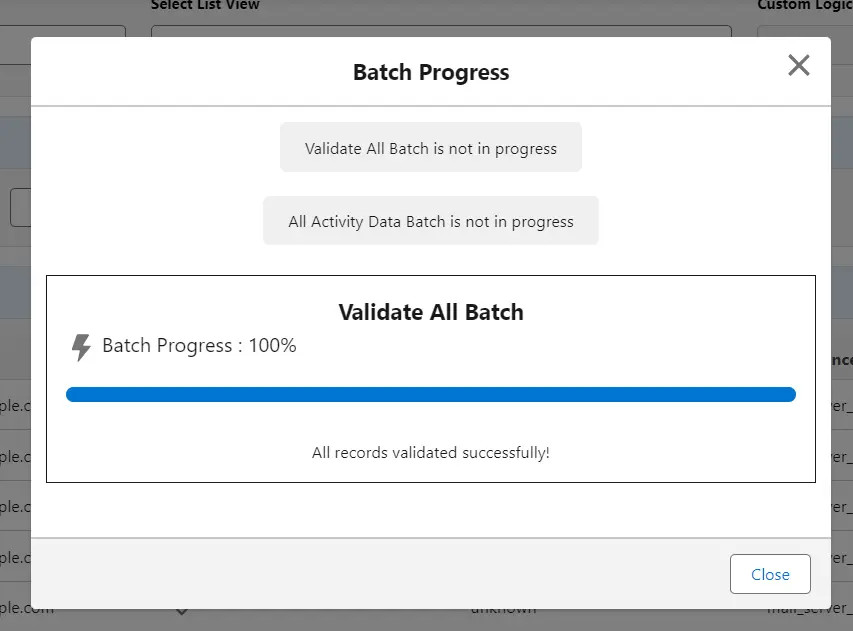 Track progress after validating all emails in the same popup
