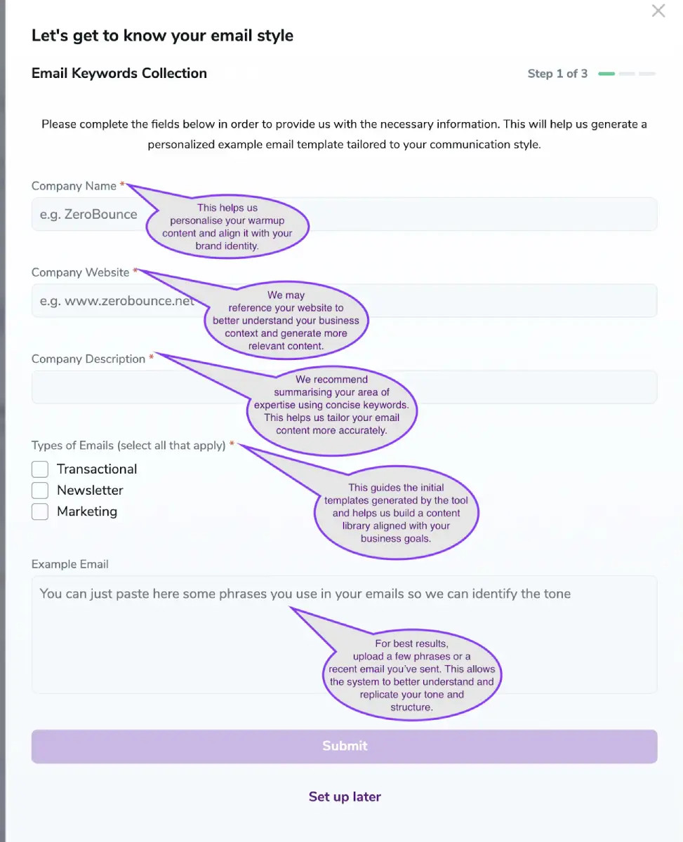 Custom Email Content wizard - Email Keywords Collection step