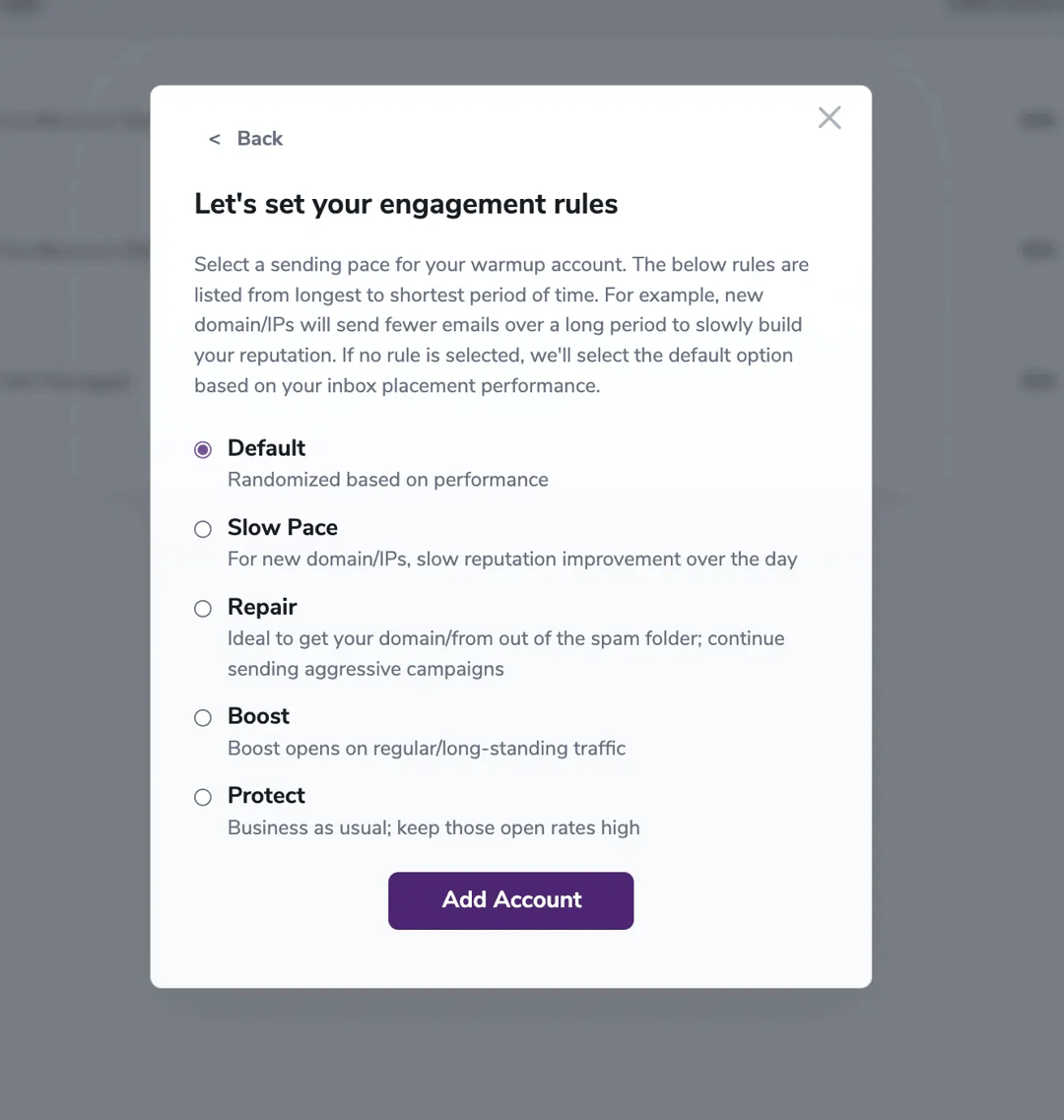 Warmup engagement rules Pop-up modal