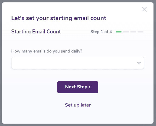 Modal displaying the Starting Email Count setup