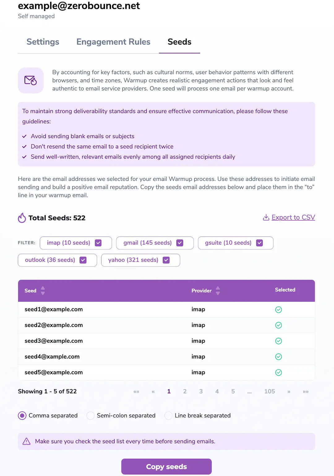 Warmup custom seeds Pop-up modal