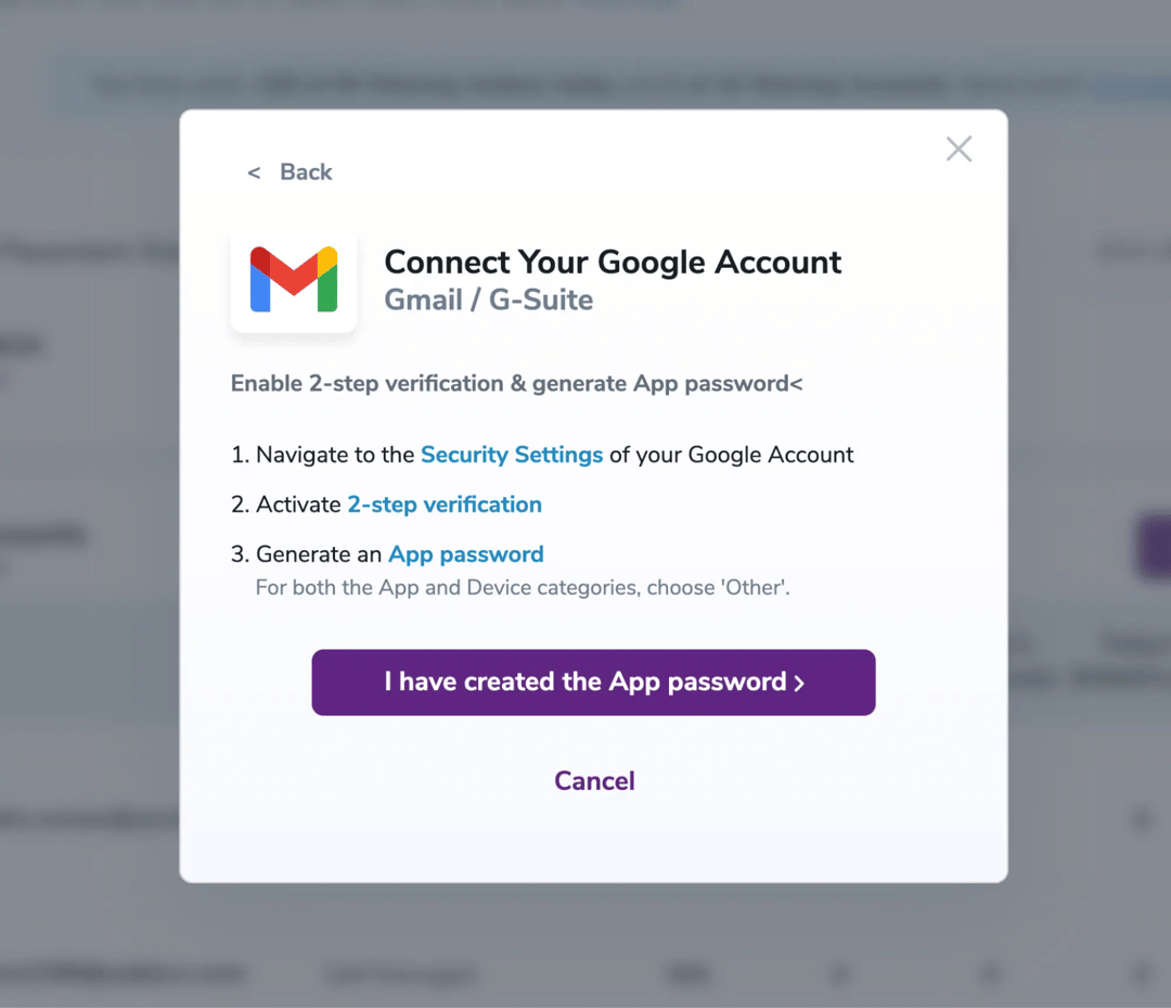 Modal displaying how to set up the App Password and the following steps