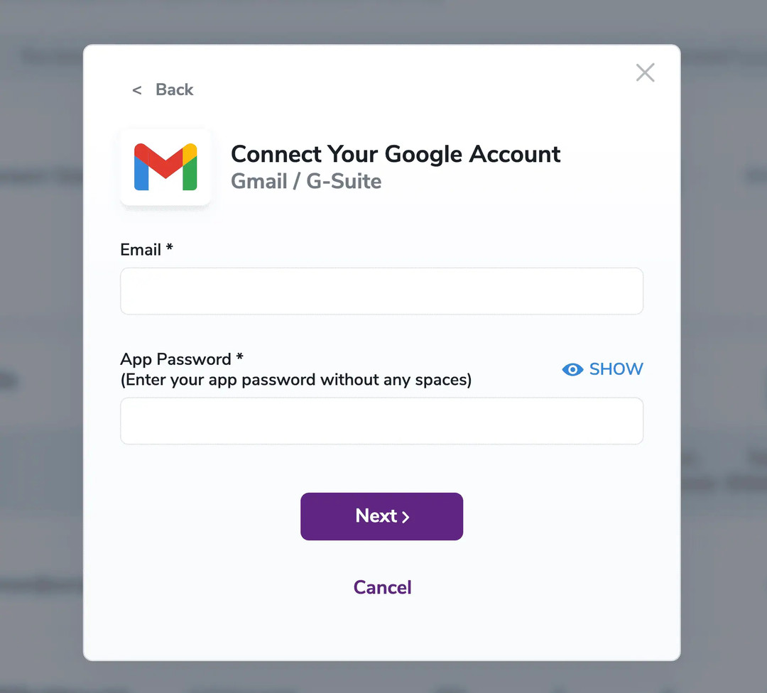 Modal prompting to enter the email and the App Password