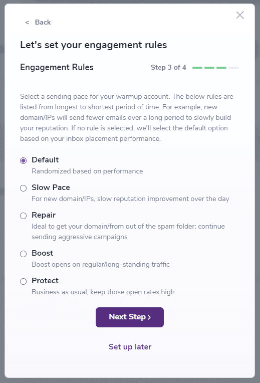 Warmup engagement rules Pop-up modal