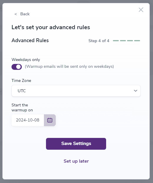 Modal displaying the Advanced Rules