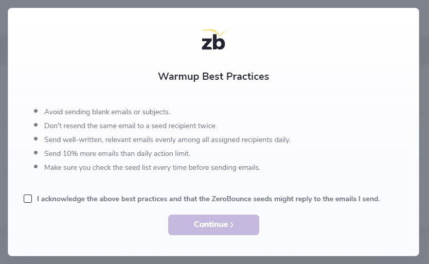 Modal displaying the Warmup Best Practices and the acknowledgement confirmation