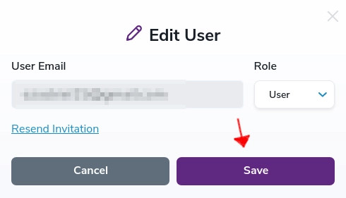 Arrow pointing to the Save button for a team member within your ZeroBounce account settings