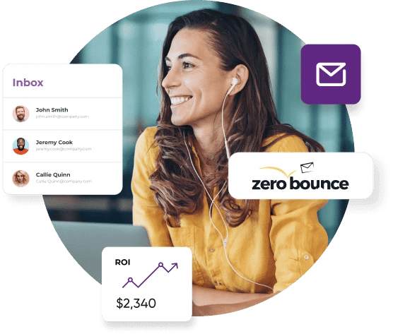 A woman in a yellow top looks to her left and smiles with headphones in her ears next to an email inbox, an ROI graph, and a ZeroBounce logo