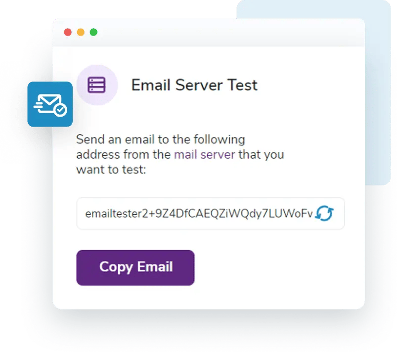 A sample email server test with introductory instructions on how to send an email to a newly generated email address.