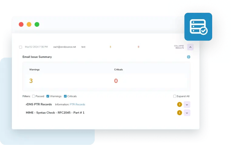 Email server test results, which show three warnings and 0 critical issues.