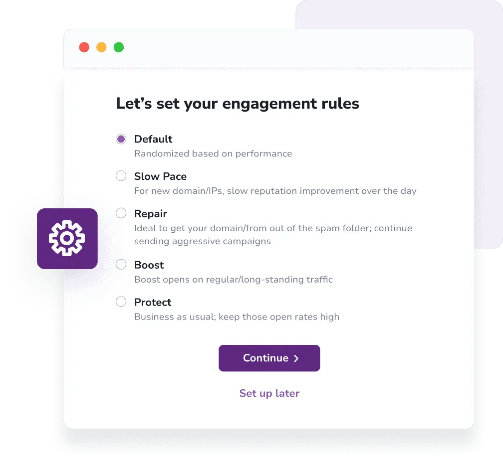 The list of ZeroBounce's Warmup engagement rules: default, slow pace, repair, boost, and protect as shown in the setup process.