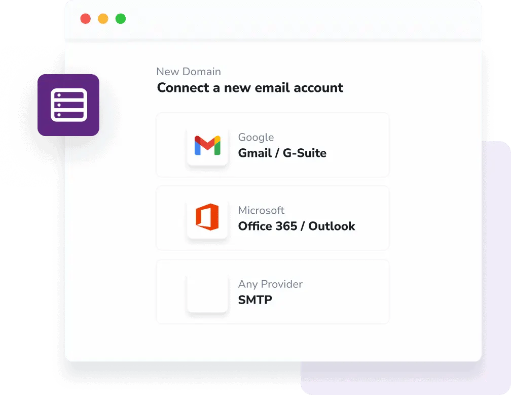 A modal that reads "Connect a new email account" with options for Gmail/G-Suite, Office 365/Outlook, and SMTP.