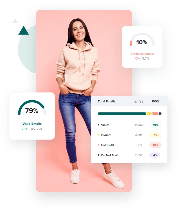 Mujer usa la verificación de correo electrónico de ZeroBounce para obtener informes de direcciones válidas, no válidas, catch-all y "No enviar mensajes".