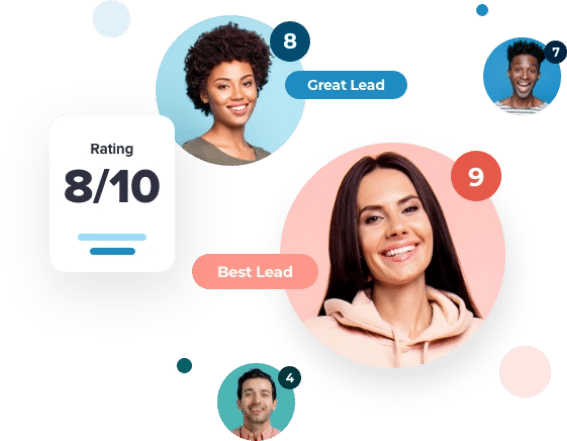 Various headshots of men and women representing email address contacts that are rated with Email Scoring numbers from 1-10 with tags like 'Great Lead' and 'Best Lead.'