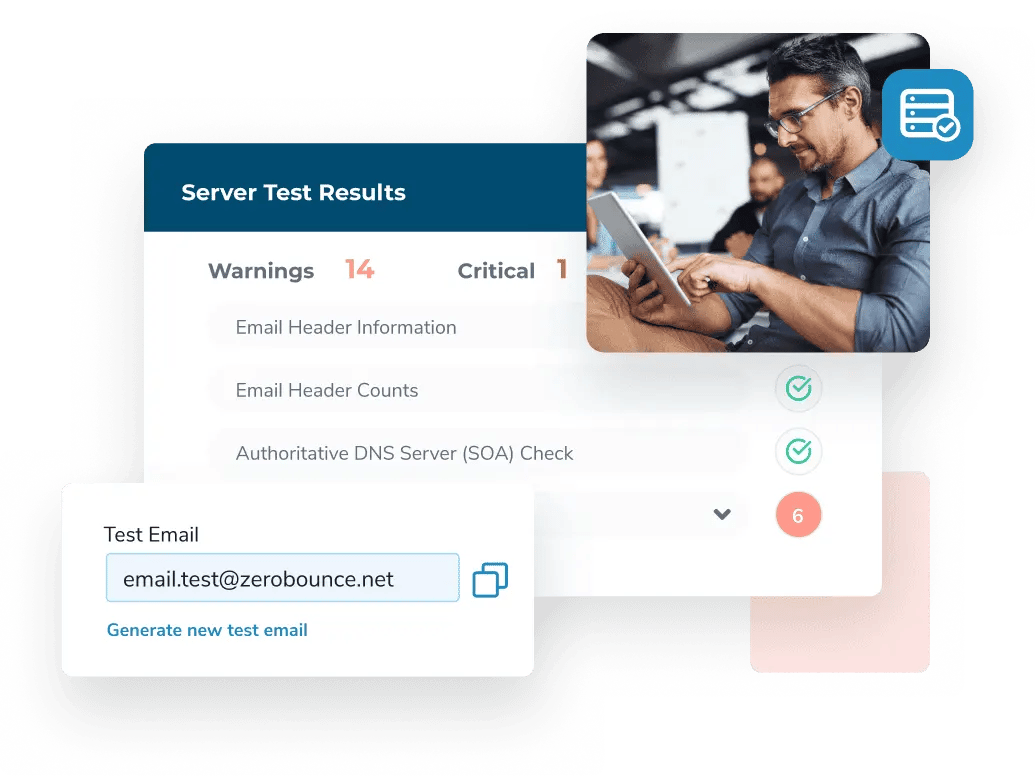 A man touches his tablet and looks at the email server test results, which show 14 warnings and 1 critical alert.