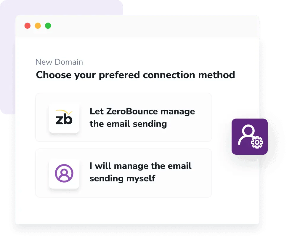A Warmup setup modal which reads "Choose your preferred connection method" and options for ZeroBounce-managed sending and self-managed sending.