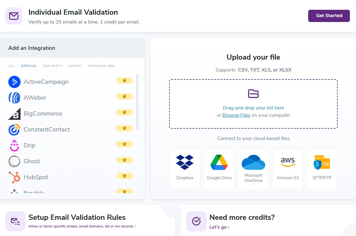 The ZeroBounce ,[object Object], menu, which includes individual and ,[object Object],, integrations, and cloud-based file uploads.