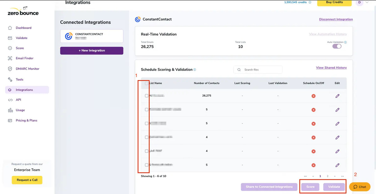 A list of Constant Contact email lists in ZeroBounce with the Score and Validate functions highlighted