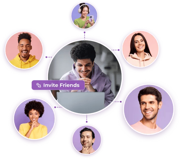 ZeroBounce users connected in a referral network around a smiling man at his laptop.
