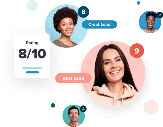 two men and two women with different email scores ranging 4-9 with a box that reads “Rating 8/10”