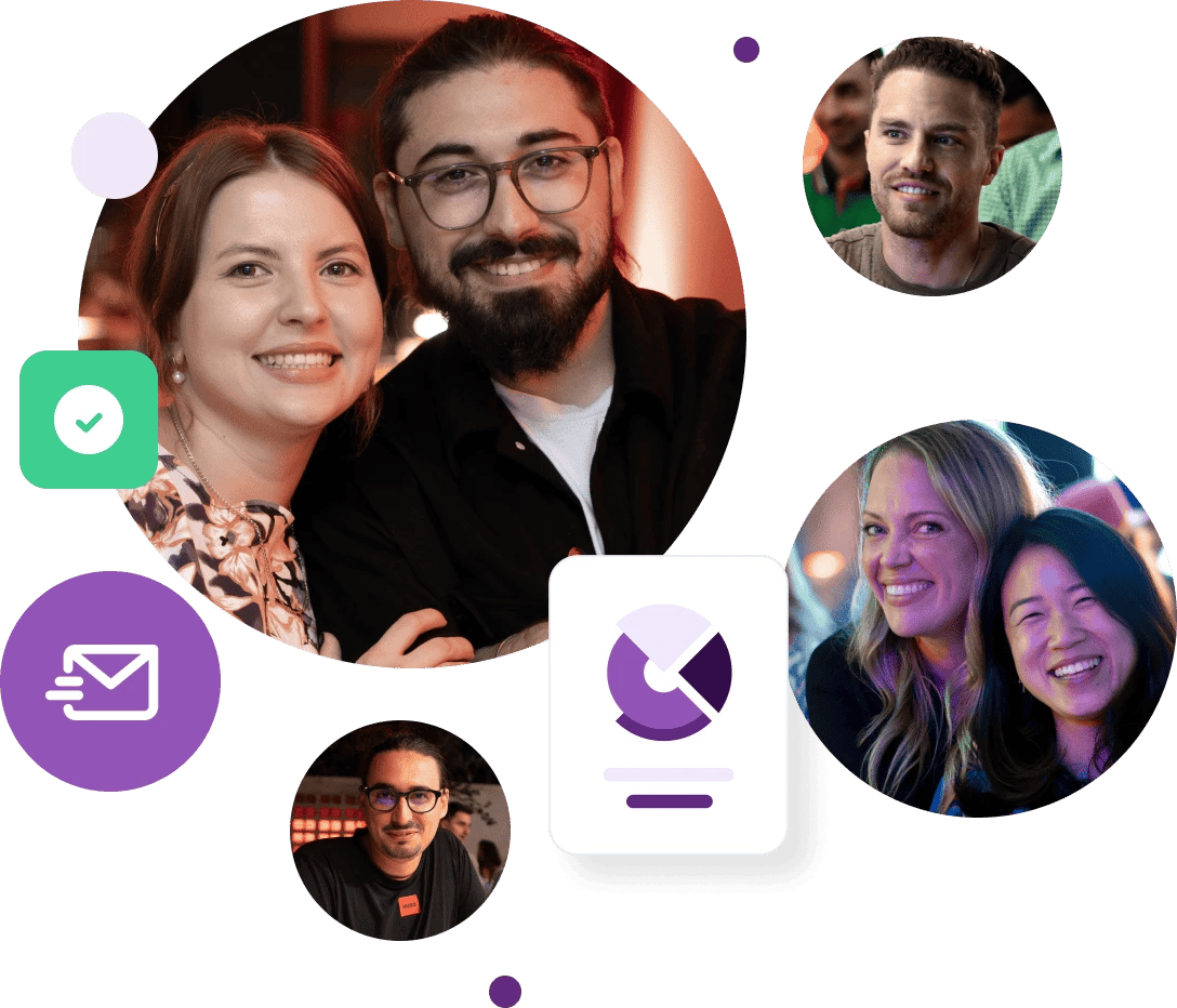 Una colección de fotos de miembros del equipo de ZeroBounce junto a un correo entrante, un gráfico y una marca de verificación verde.