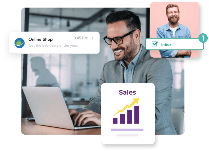 Smiling businessman typing on his laptop. He’s surrounded by an email for his online shop that goes to another smiling man’s inbox, which then travels to a sales bar graph going upward.