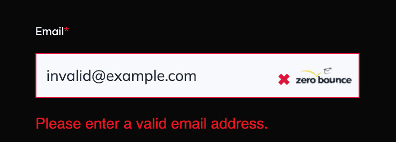 A website form with a validated email address, a green checkmark, and the ZeroBounce logo.
