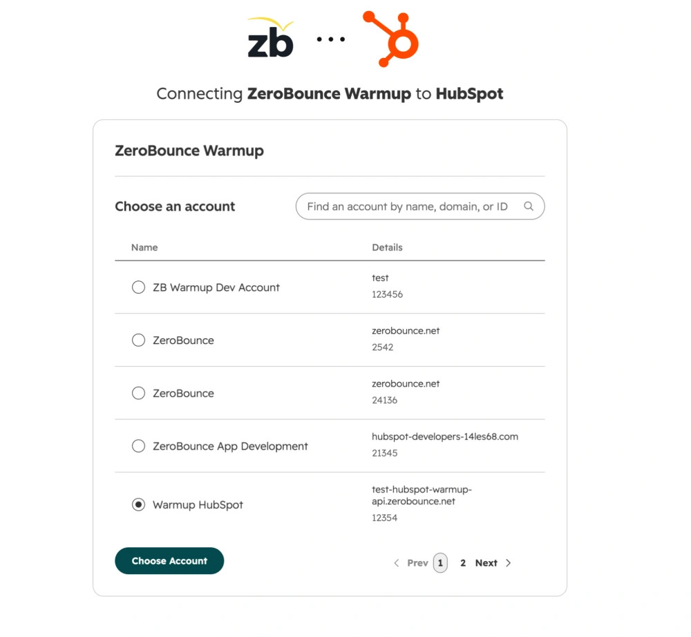 Screenshot: HubSpot portal picker with Choose Account button