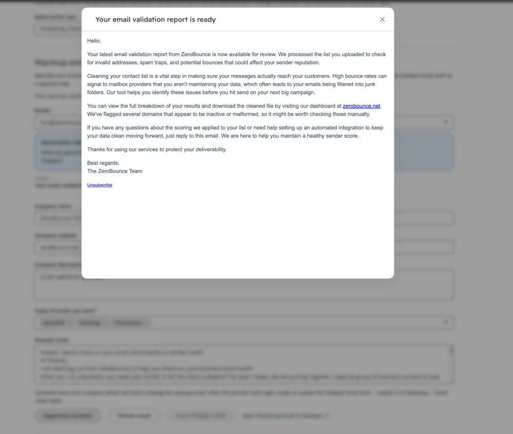 Screenshot: Regenerate template / Preview email / Create HubSpot draft buttons