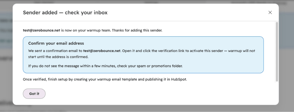 Screenshot: "Sender added — check your inbox" modal