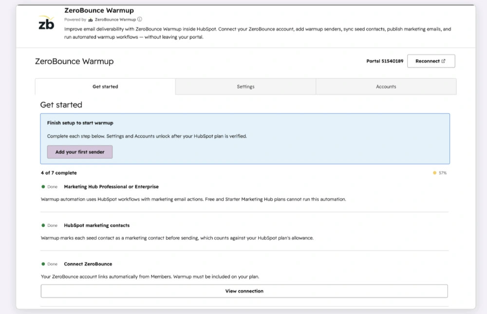 Screenshot: HubSpot "Get started" checklist, e.g. 4 of 7 complete