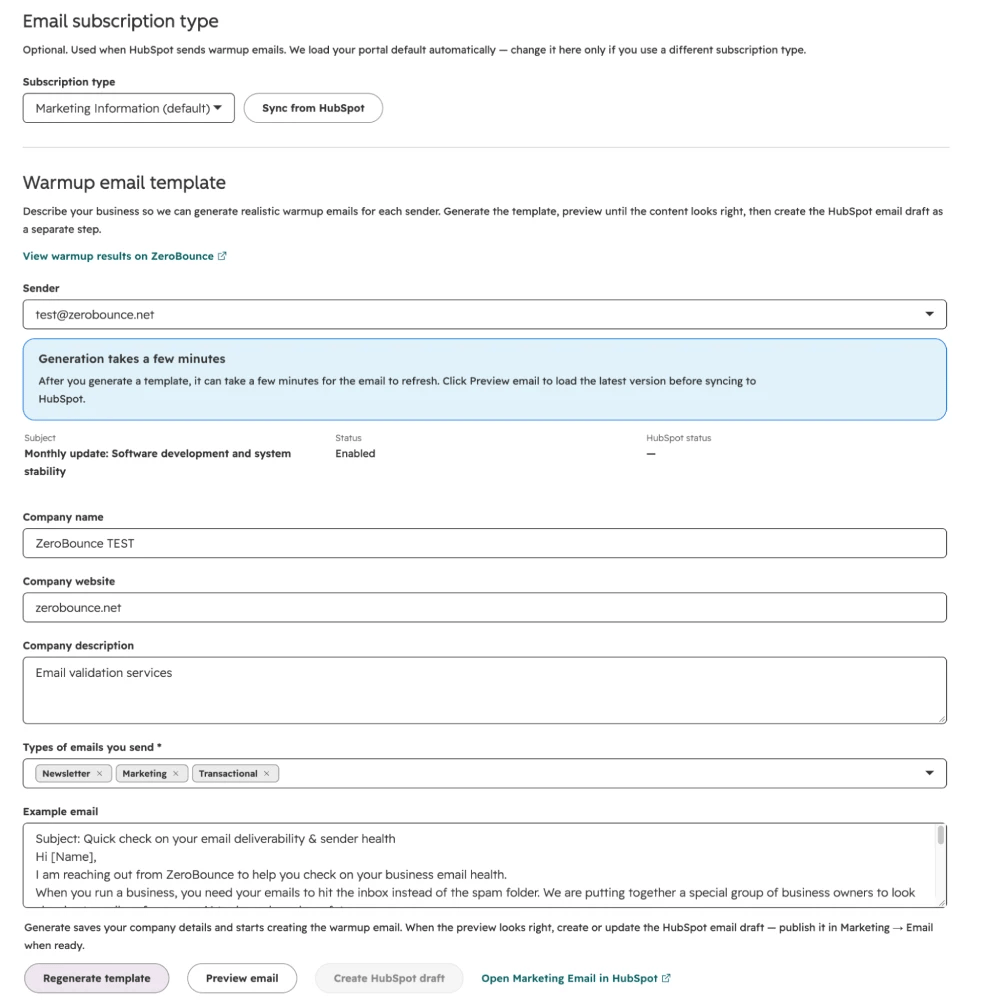 Screenshot: Settings form — company name, website, description, email type