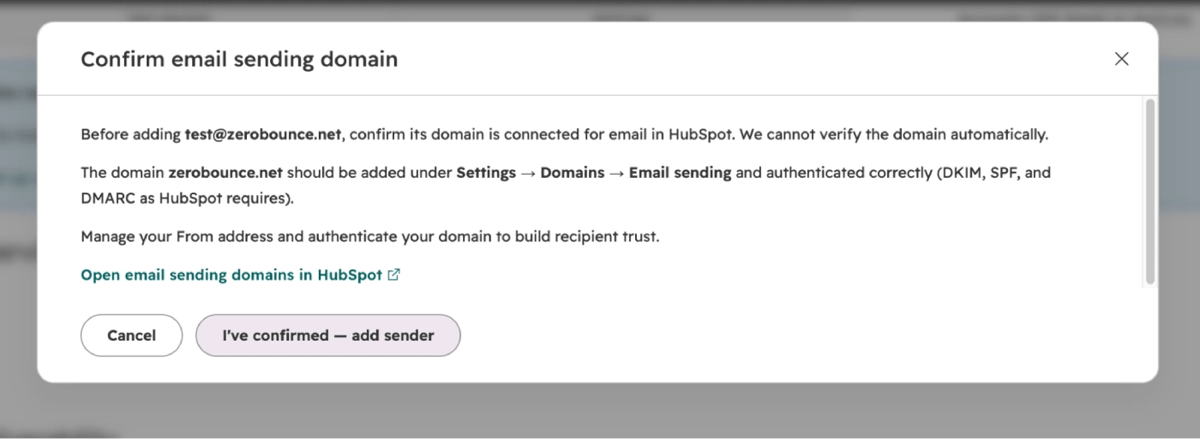 Screenshot: "Confirm email sending domain" dialog