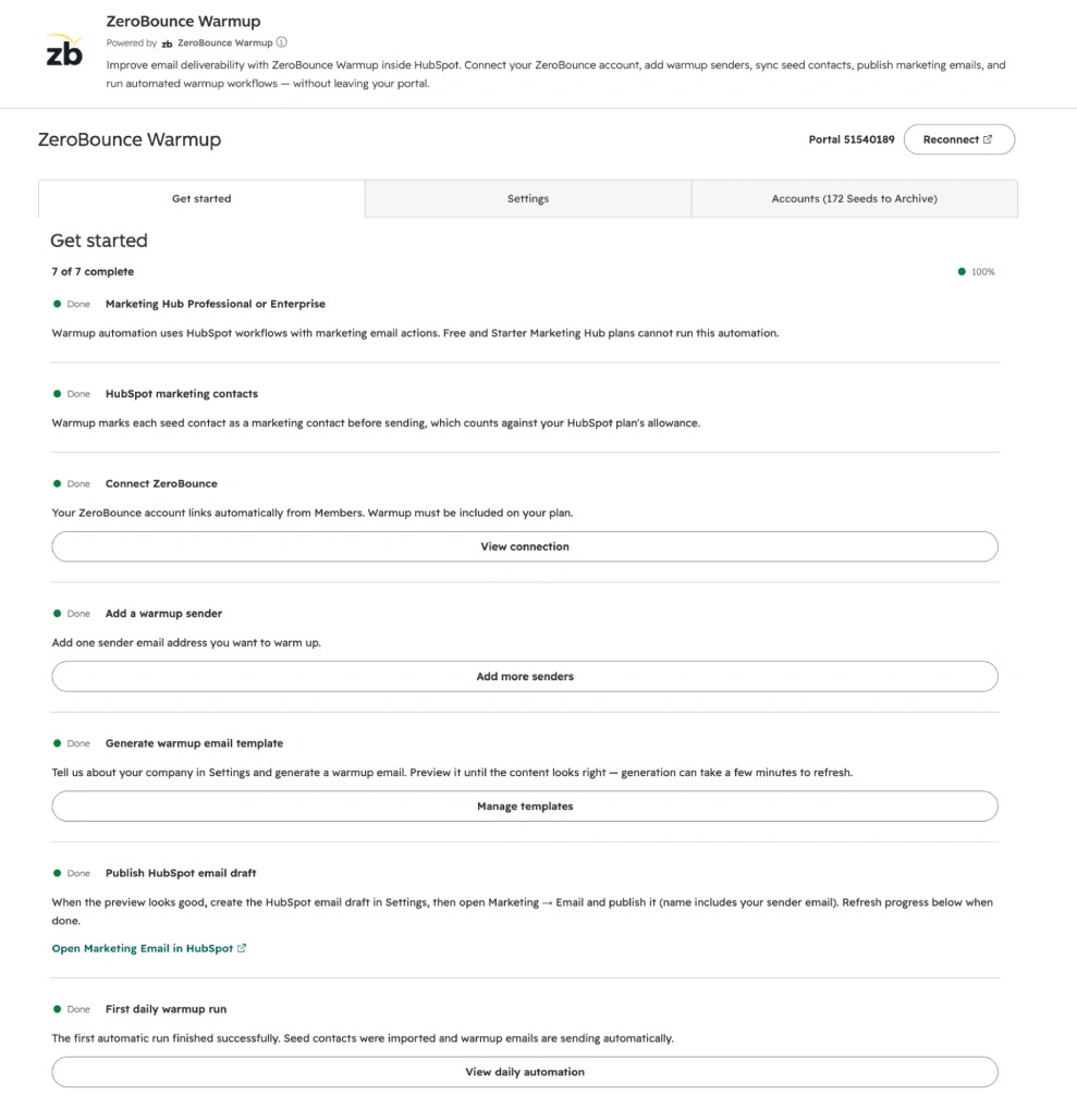 Screenshot: HubSpot checklist — 7 of 7 complete, 100%