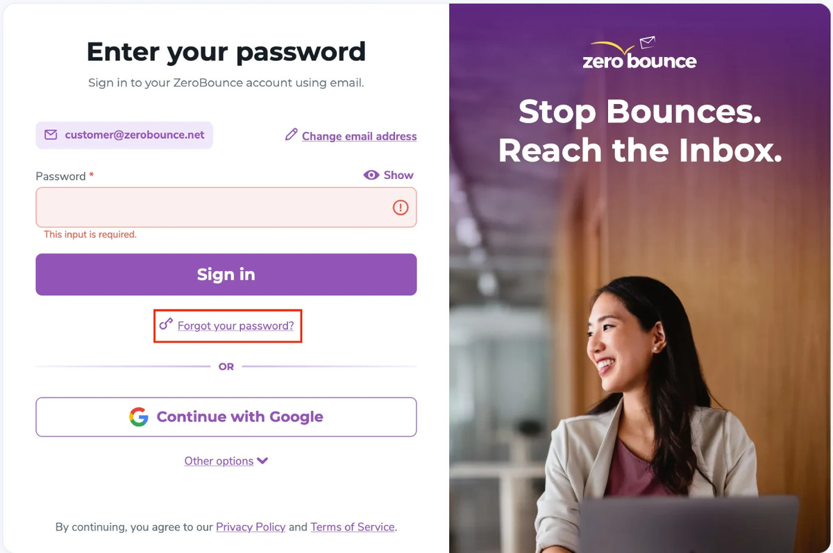 ZeroBounce sign in screen highlighting the “Forgot your password” link