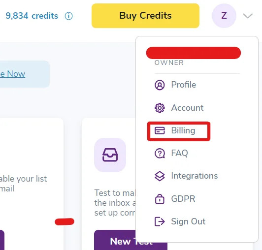 The ZeroBounce settings menu with a red square that highlights the Billing submenu.